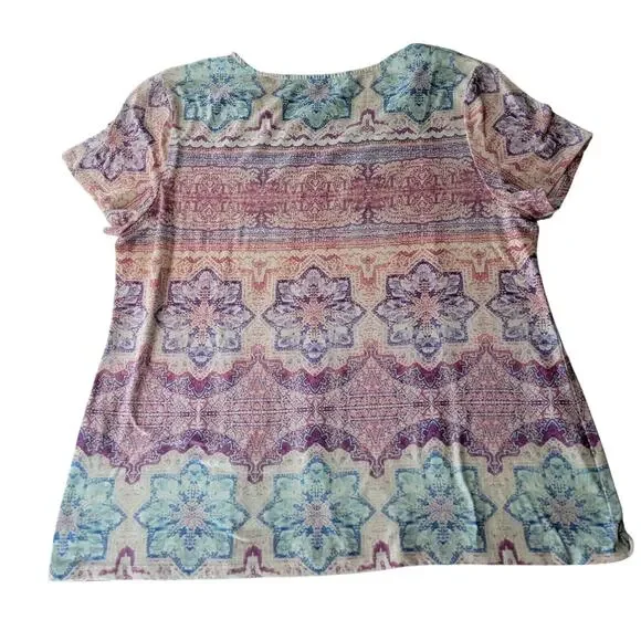 Chicos Womens Top Blouse Medallion Large Blue White Pink Pastel Artsy Art Spring - Picture 3 of 11